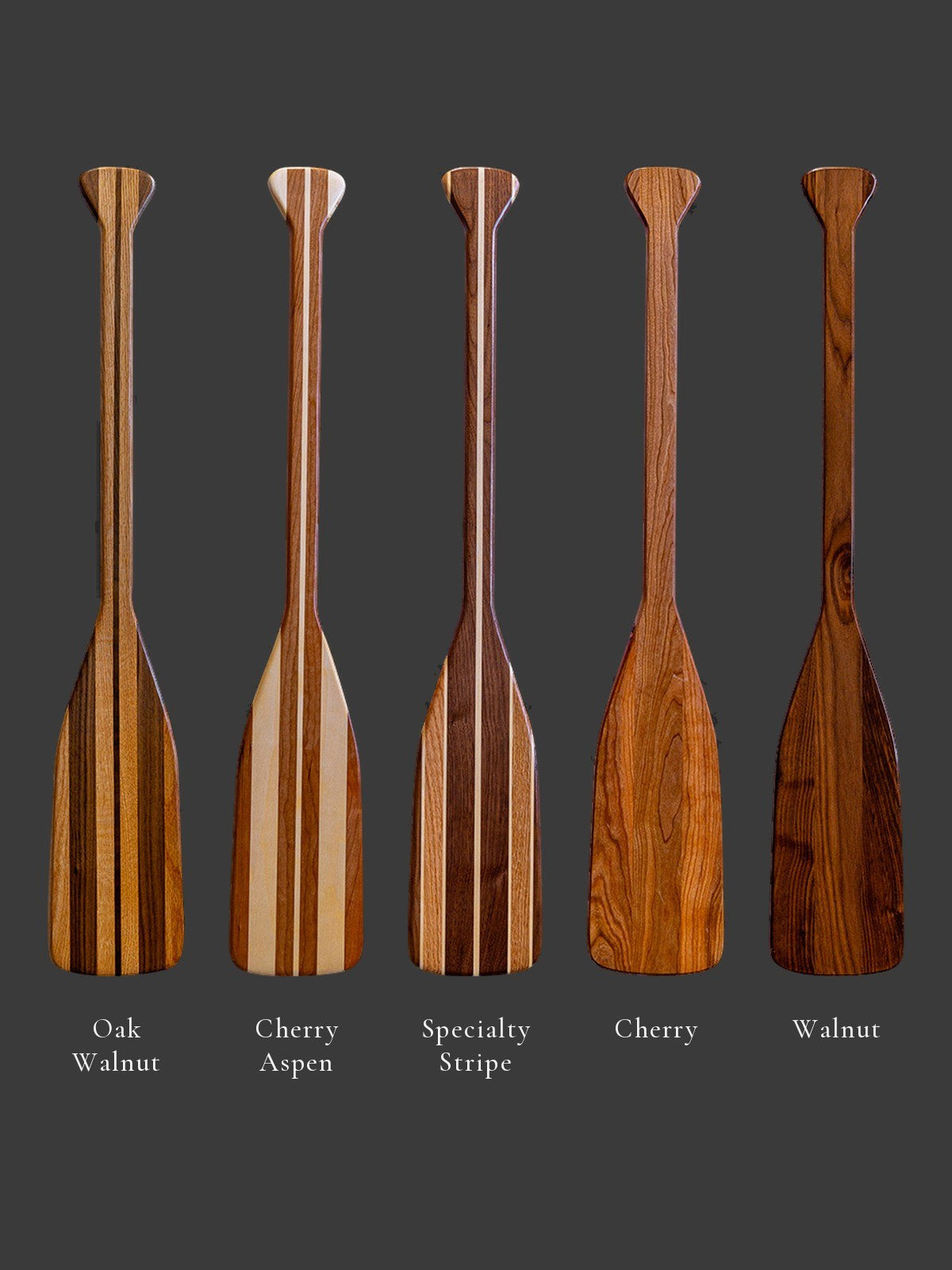Bare 3 ft hardwood paddles: Oak Walnut, Cherry Aspen, Specialty Stripe, Cherry, Walnut